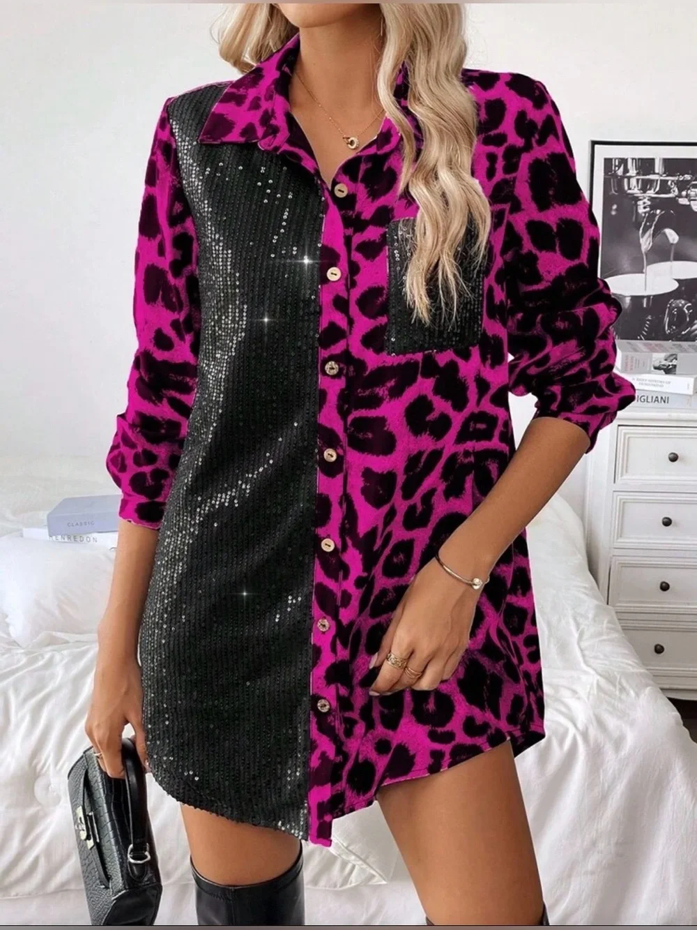 SHEIN Womens Sequined Half & Half Leopard Shirt Dress - Hot Pink/Black XL - Picture 1 of 2